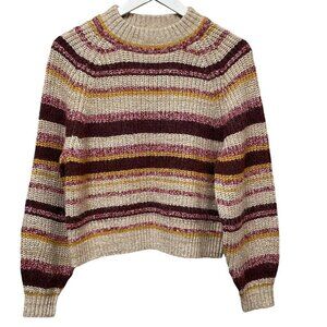 OLD NAVY Womens Sweater XS Relaxed Fit Beige Red Stripe Mock Neck Pullover